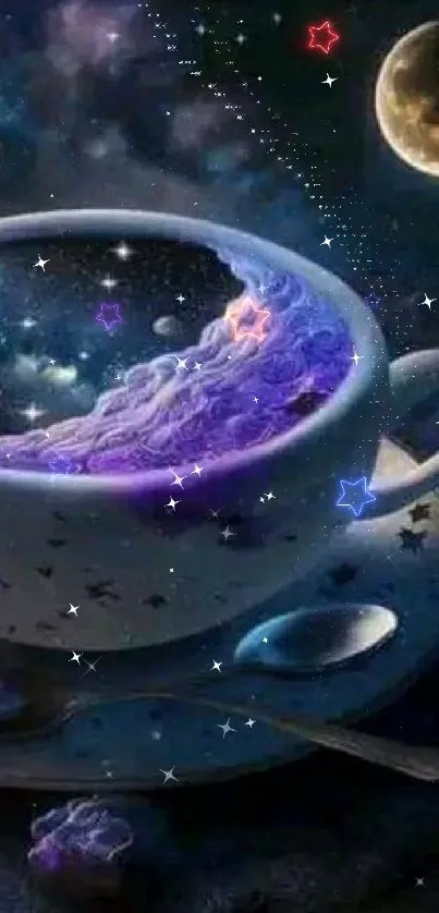 A surreal image of a galaxy inside a coffee cup under a night sky.