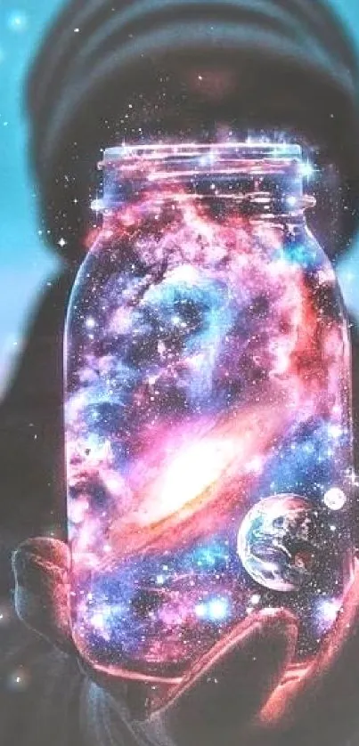 Mystical galaxy in a jar with a teal and pink glow, perfect for your phone wallpaper.