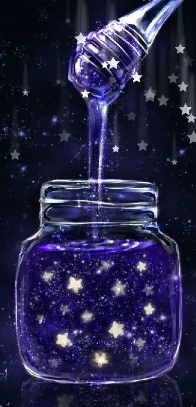 Purple galaxy in a jar with stars pouring out, set against a starry night background.