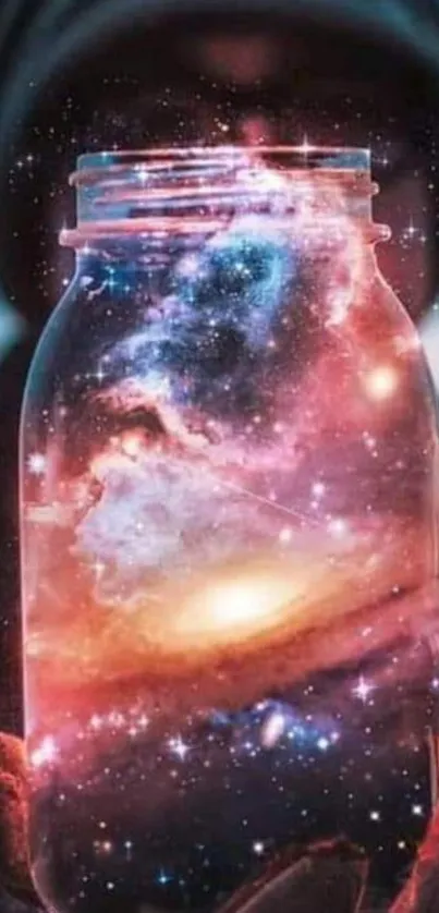 A vibrant galaxy contained within a glass jar.