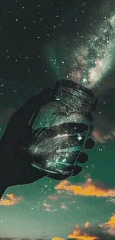 A jar capturing a galaxy against a dark teal sky, perfect for mobile wallpaper.