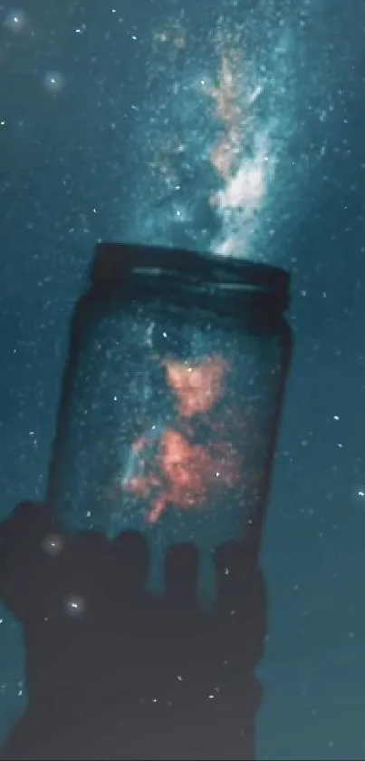 Hand holding a jar with galaxy and stars, set against a dark cyan background.