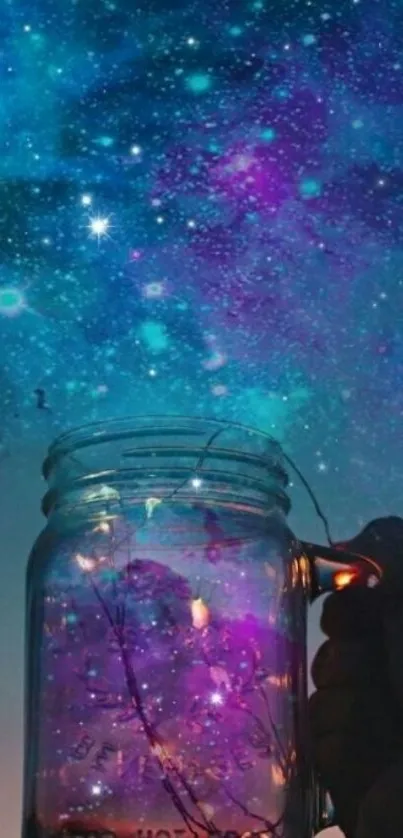 A mesmerizing galaxy captured in a jar with vibrant blues and purples.