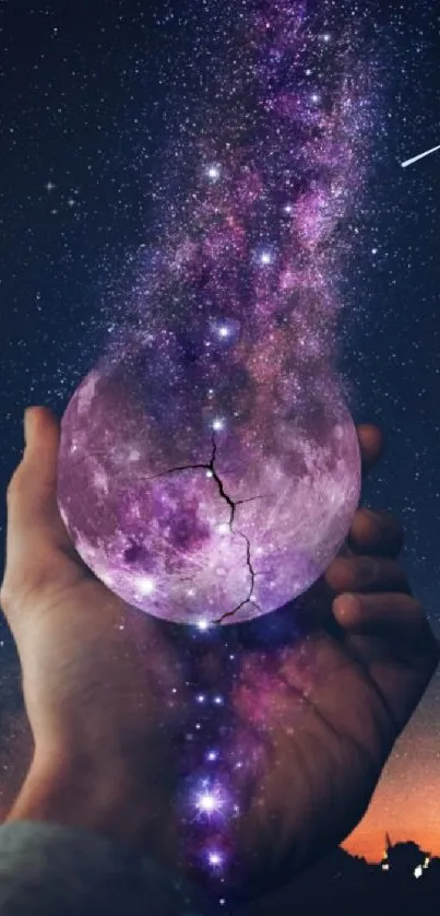 Surreal hand holding a galaxy art wallpaper with cosmic elements.