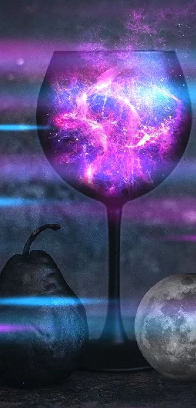 Surreal scene of galaxy in glass with moon and pear.