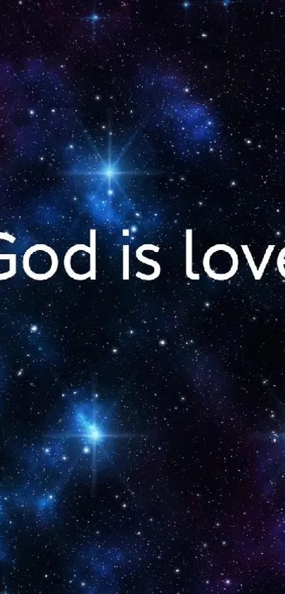 Galaxy backdrop with 'God is love' message and twinkling stars.