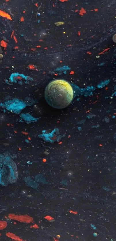 Colorful cosmic wallpaper with planets and stars in dark blue tones.