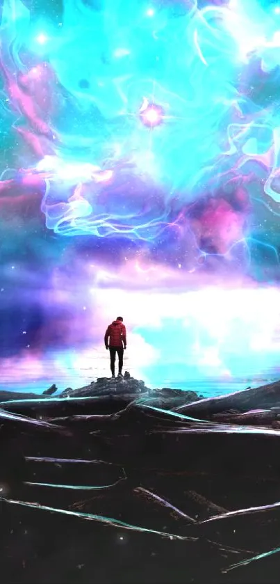 Dreamy cosmic landscape with neon hues and a silhouetted figure.