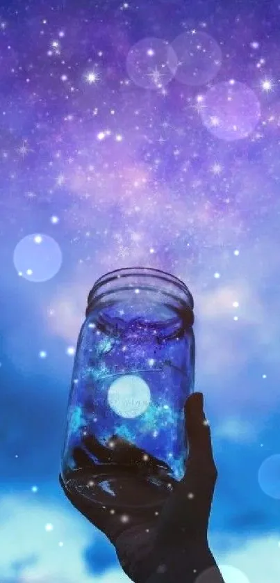 Hand holding glowing jar under a starry night sky, filled with cosmic beauty.