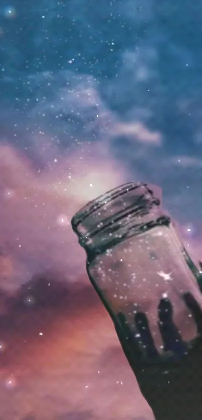 A glass jar under a starry night sky with a galaxy theme and vibrant colors.