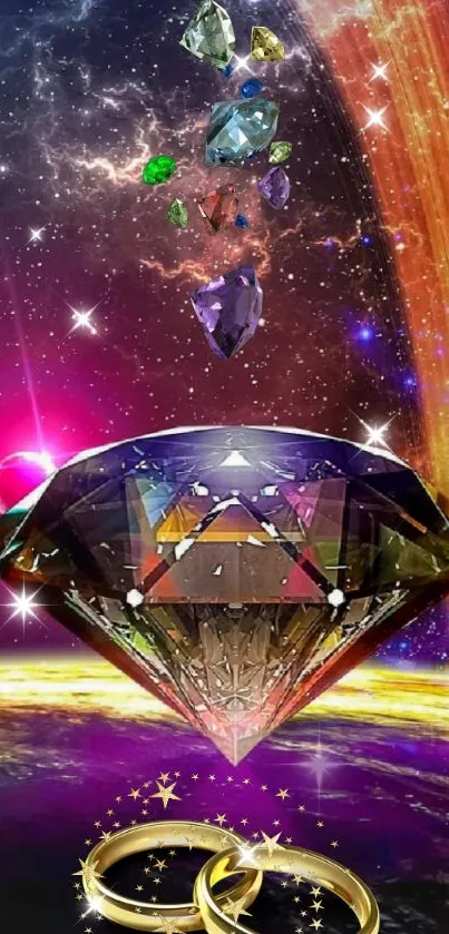 Gemstone in vibrant galaxy with cosmic rings.
