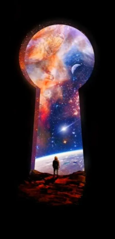 Colorful galaxy view through a keyhole with a lone figure.