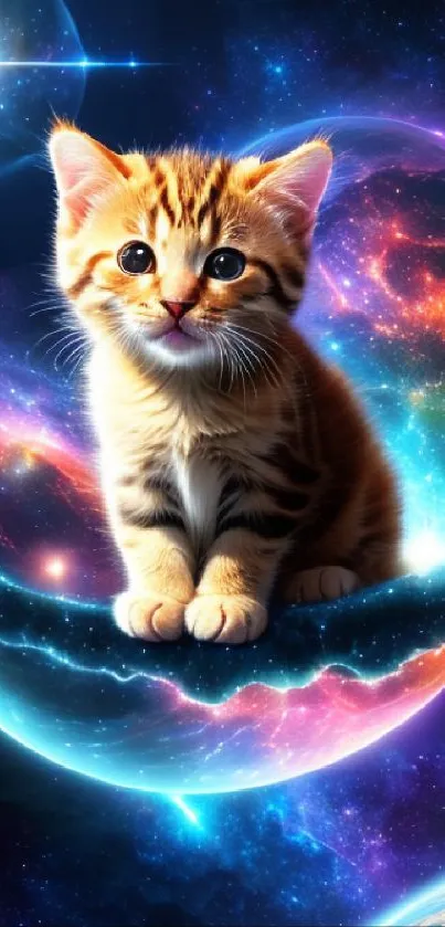 A cute kitten sits amidst a vibrant cosmic galaxy scene.