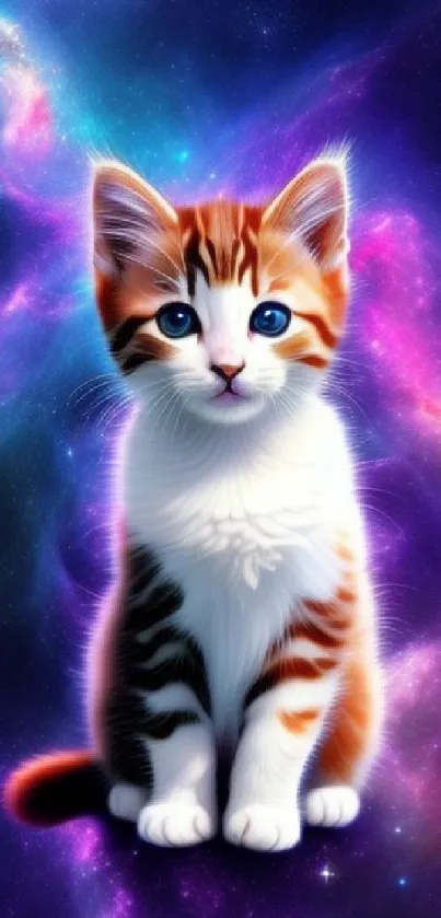 Adorable kitten sitting in a vibrant galaxy background.