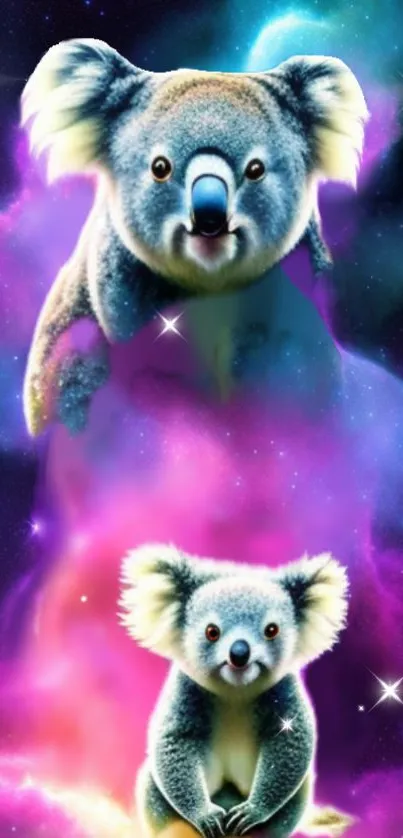 Colorful koala in a vibrant galaxy-themed mobile wallpaper.