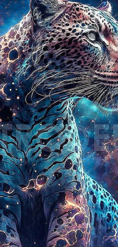 Galaxy-themed leopard mobile wallpaper with vibrant blue and pink hues.