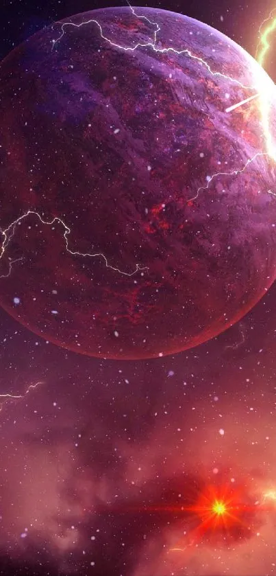 Cosmic landscape with purple hues and lightning for mobile wallpaper.