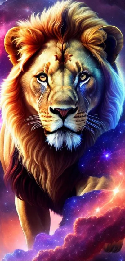 A majestic lion in a vibrant galaxy setting, perfect for mobile wallpaper.