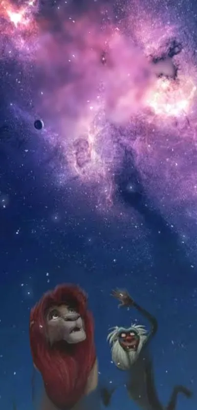 Lion King characters with galaxy backdrop and star-filled sky.