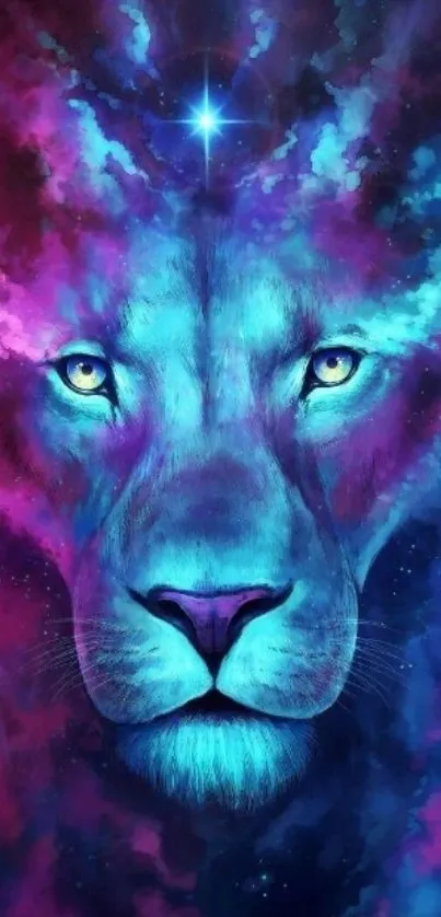 Galaxy lion with vibrant blue and purple hues.