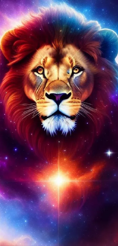 Majestic lion with cosmic background in vibrant colors.