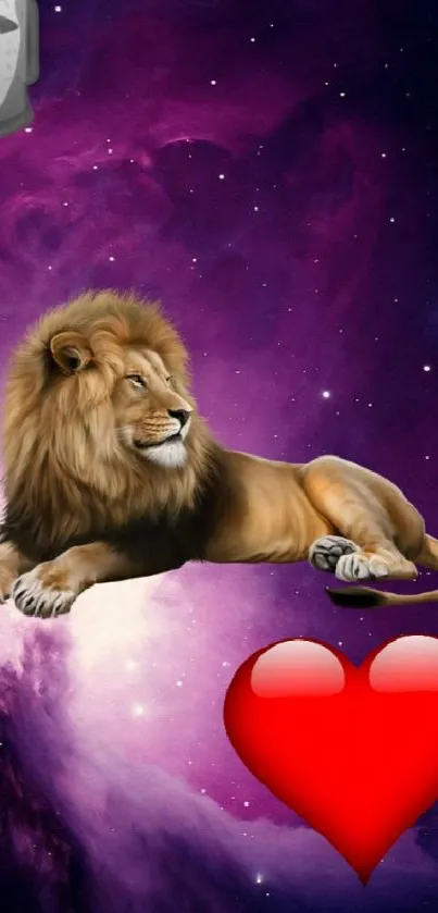 Lion and heart in a cosmic purple galaxy wallpaper.