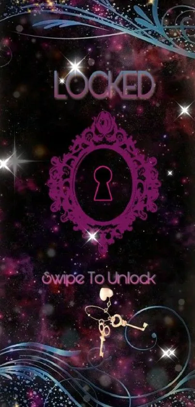 Galaxy-themed lock screen wallpaper with colorful cosmic design and keyhole motif.