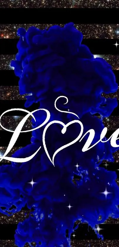 Abstract blue paint on galaxy background with Love text.