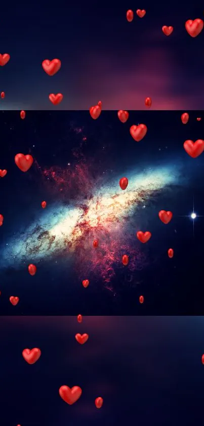 Galaxy with red love hearts mobile wallpaper.