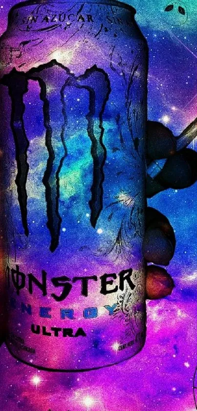 Monster Energy can against a purple galaxy backdrop, vibrant phone wallpaper.