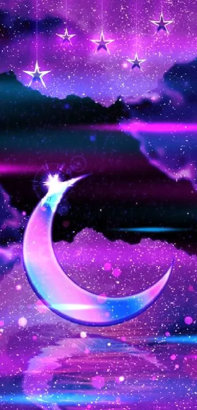 Mystical purple wallpaper with moon and stars.