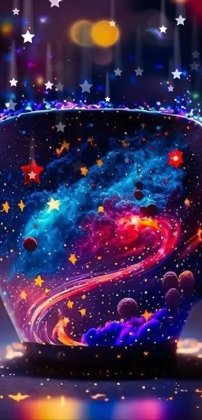 Colorful galaxy-themed mug with sparkling lights and stars on a mobile wallpaper.