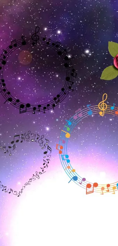 Colorful musical notes in a cosmic galaxy background with a rose detail.