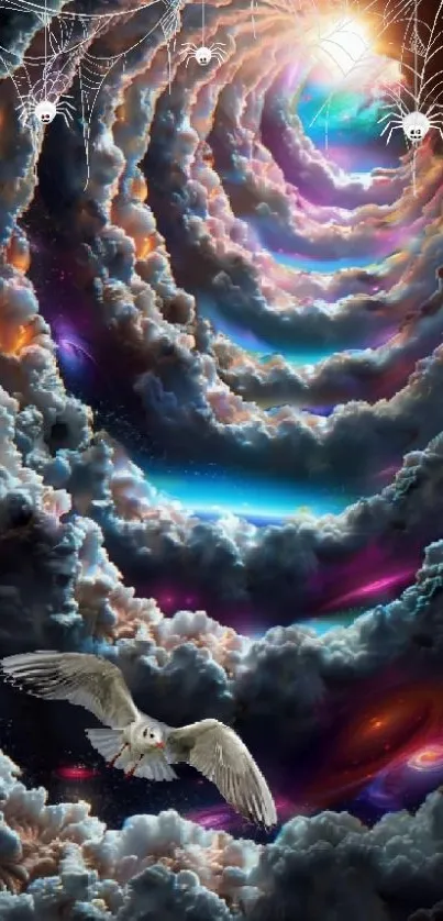 Galaxy cloudscape with an owl amidst mystic swirls and cosmic colors.