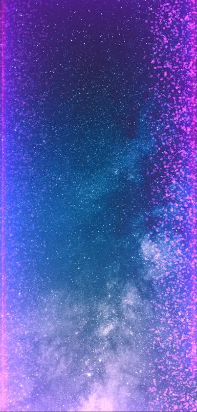 Galaxy-themed mobile wallpaper with neon purple and blue hues and starry effects.