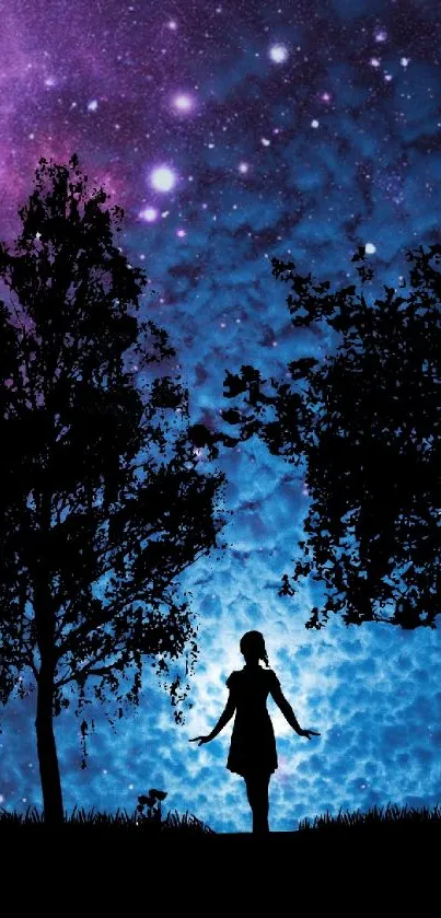 Girl's silhouette under a galaxy sky at night, surrounded by trees and stars.