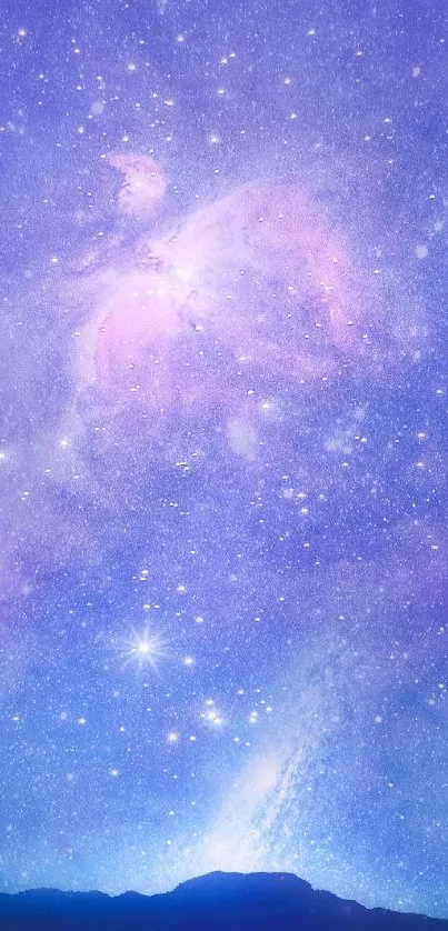 Ethereal galaxy wallpaper with purple and blue starry sky.