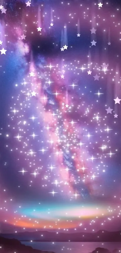 Purple galaxy night sky with vibrant stars in cosmic view.