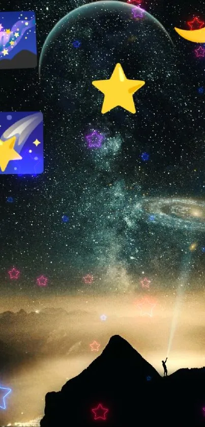 Galaxy wallpaper with mountain, moon, stars, and night sky.