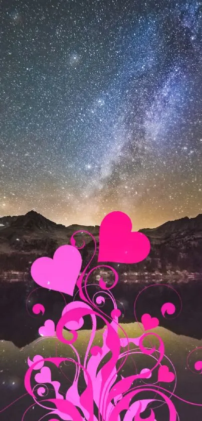 Starry night sky with pink hearts and mountains.