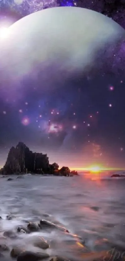 Surreal galaxy ocean scene with mystical moon and purple sky.