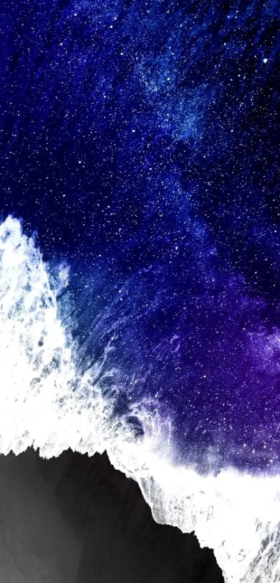 Stunning deep blue galaxy and ocean wave wallpaper.