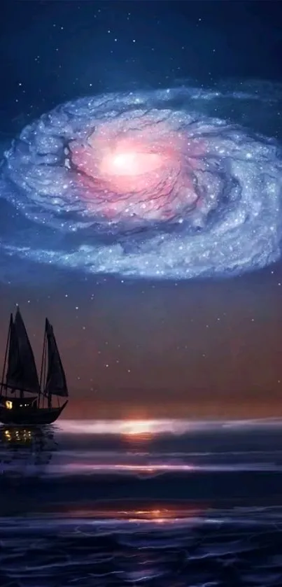 Sailboat under a swirling galaxy in the night sky over the ocean.