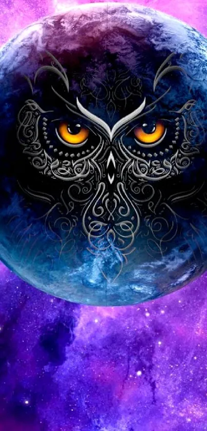 Intricate owl design on galaxy-themed wallpaper.