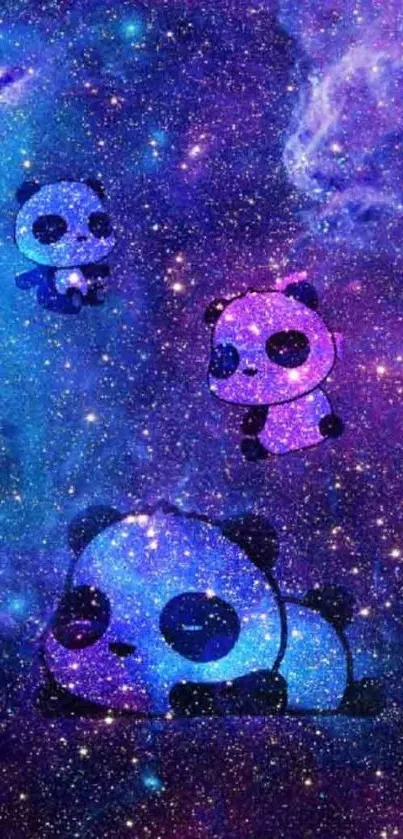 Cute pandas in a galaxy-themed mobile wallpaper, vibrant and colorful.