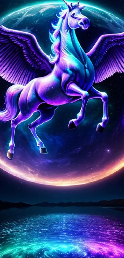 A galaxy-themed wallpaper with a flying Pegasus and cosmic colors.