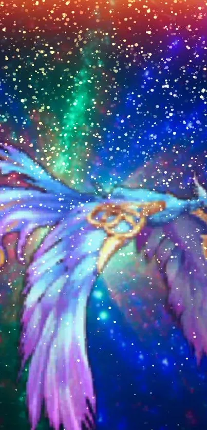 Fantasy phoenix flying in a colorful galaxy with vivid stars and nebula.