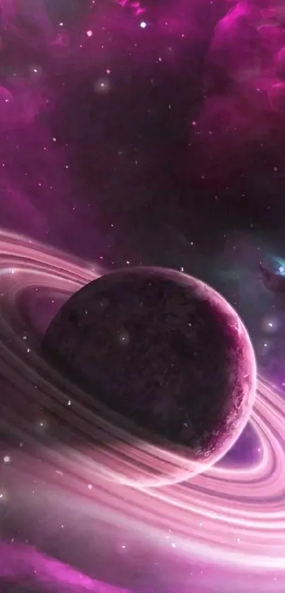 Mobile wallpaper of a purple nebula with a ringed planet.