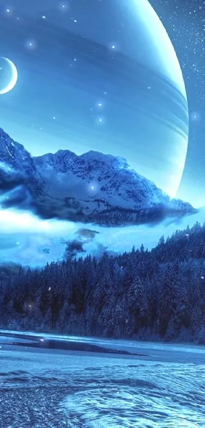 Stunning blue galaxy wallpaper with planet and mountains.