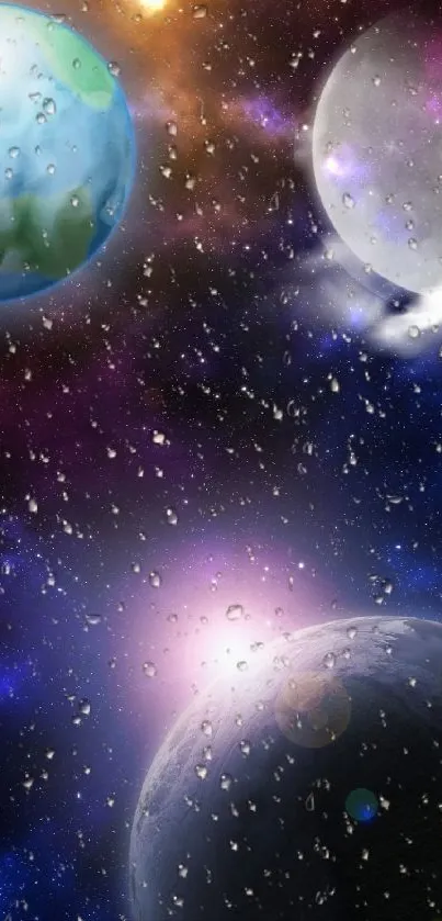 Vibrant mobile wallpaper featuring planets and cosmic scenes with raindrops.